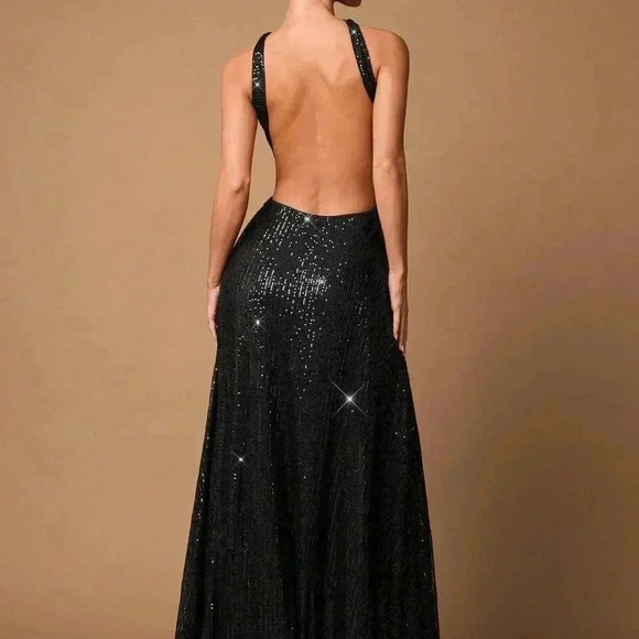 Black Elegant Womens Glitter Sequin Party Dress with Hollow Tie-Up Design & Slit - Picture 2 of 9